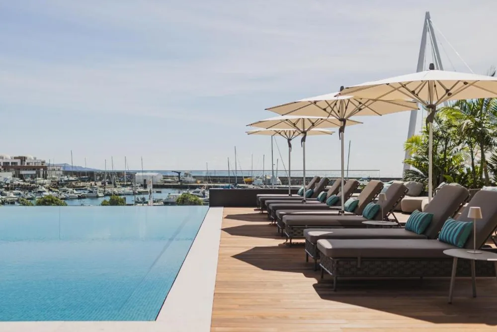 Pool terrace overlooking Ponta Delgada marina at Hotel Marina Atlântico